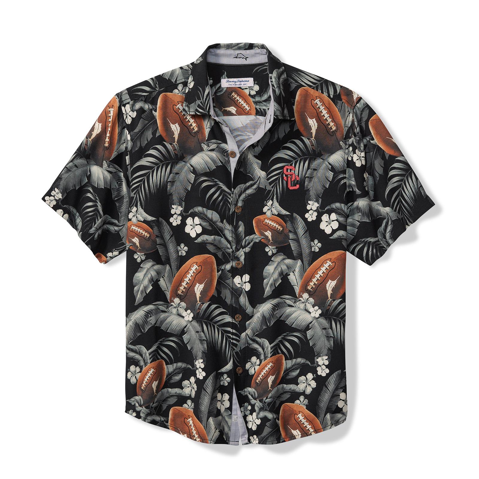 USC Trojan Men's Tommy Bahama Black SC Interlock Veracruz Cay First Down Blooms Shirt Black 1